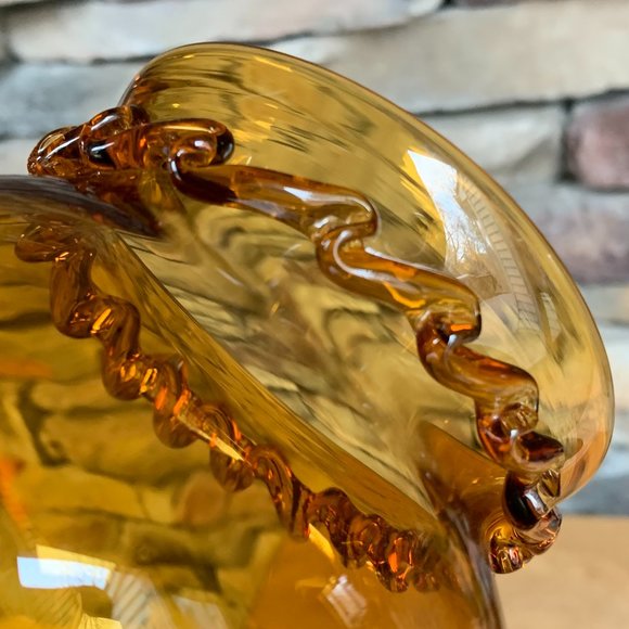 VTG Compote Hand Blown Rigaree Trim Lidded Rooster Amber Pedestal Art Glass - Picture 3 of 12